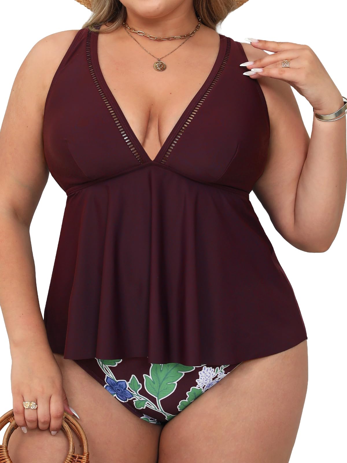 CUPSHE Women's Plus Size Tankini Sets V Neck Two Piece Swimsuits Adjustable Wide Straps Mid Rise Self Tied