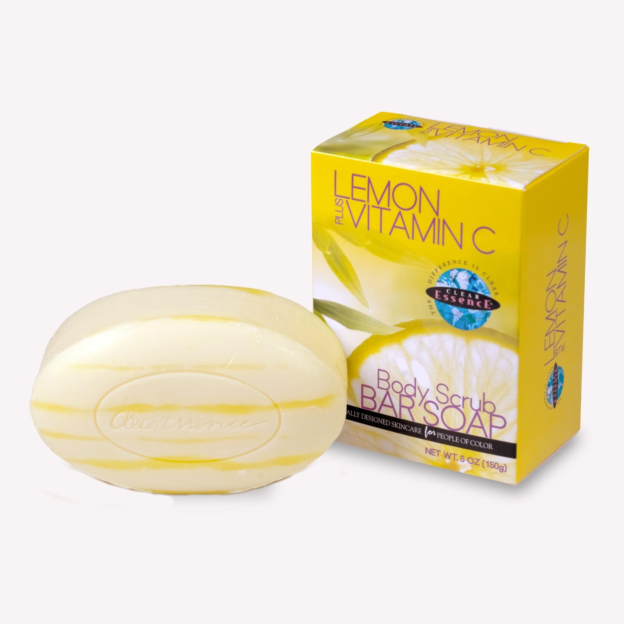Clear Essence Lemon Plus Vitamin C Body Soap Scrub, Skin Brightening Lemon Soap Bar with Natural Exfoliant, Dark Spot Remover, Even Tone Body Wash, Face Cleanser for All Skin Types, 5 Oz