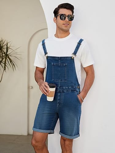 Miniatura 2 de LONGBIDA Overol de mezclilla para hombre, pantalones cortos de mezclilla, overol casual de verano con bolsillos