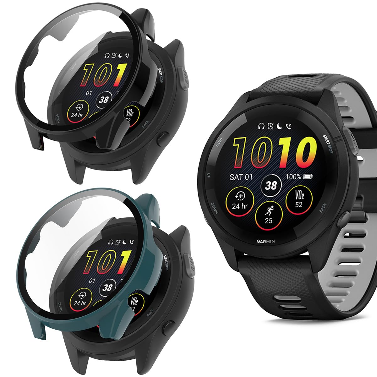 carinacoco 2 Pack PC Case Compatible for Garmin Forerunner 265 With Tempered Glass Screen Protector, Full Coverage Hard PC Shockproof Protective Cover, Black+Green