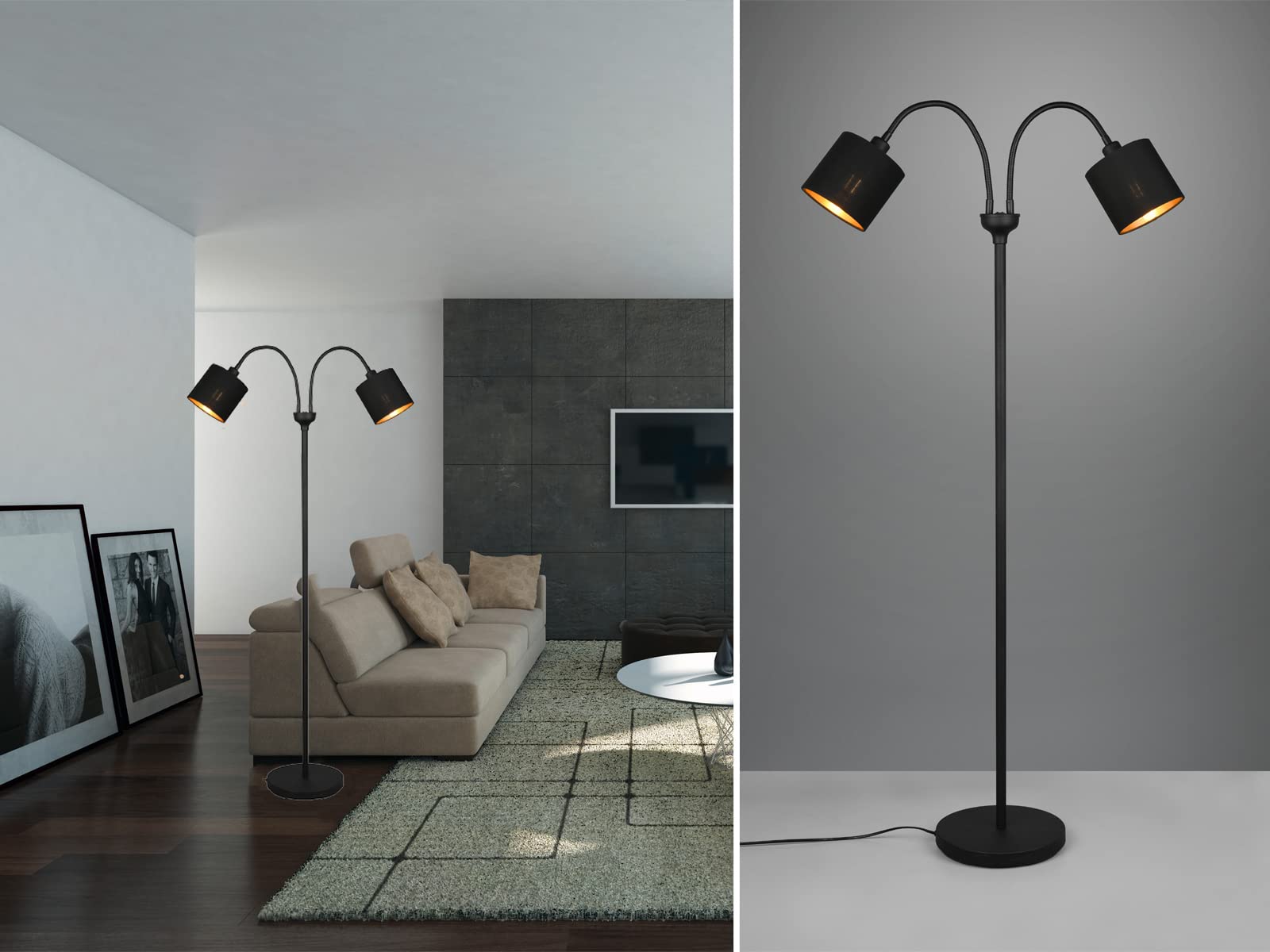 Kleine Stehleuchte 130cm 2-flammig mit Flexarmen, Stoffschirme Schwarz