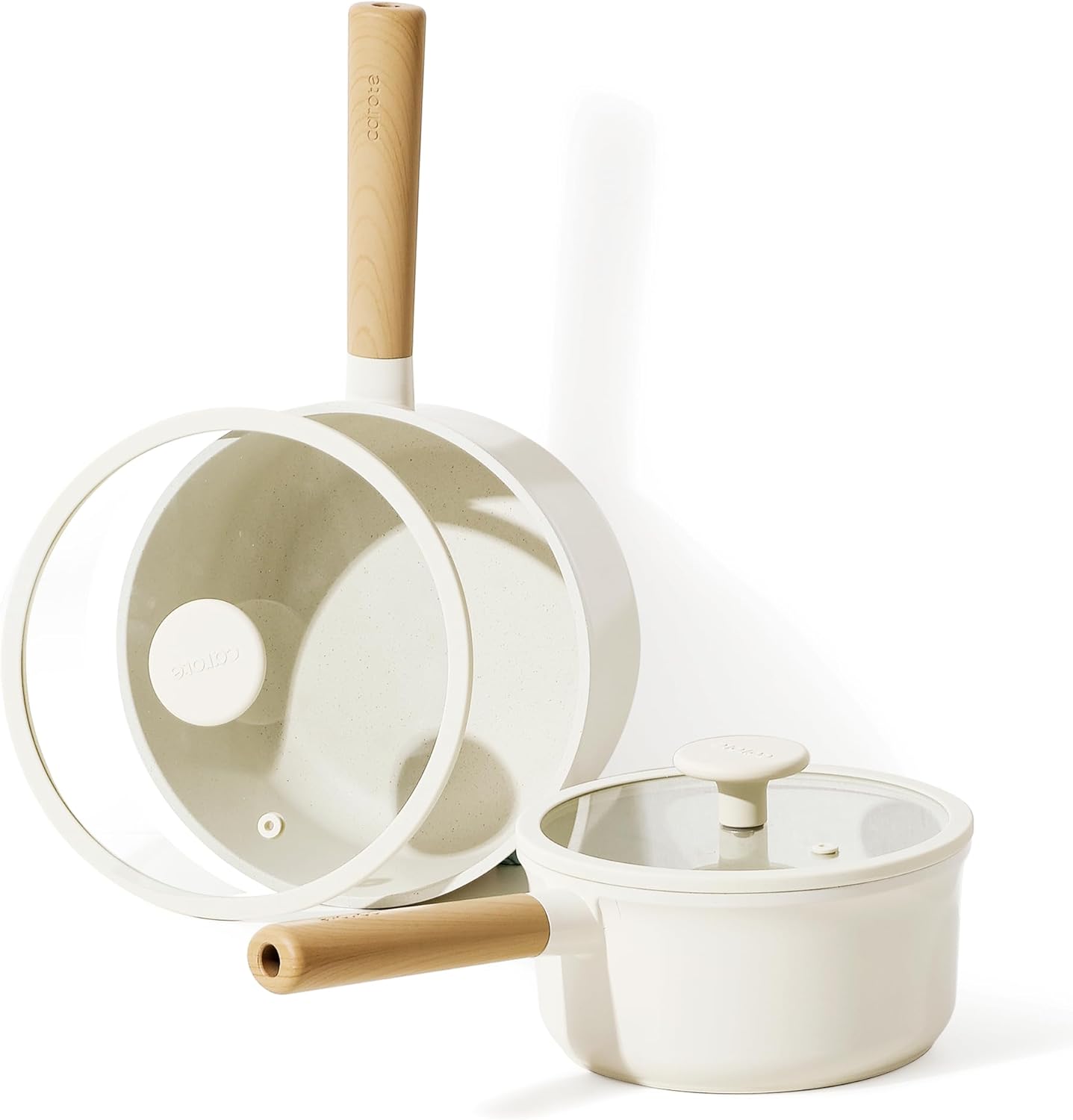 CAROTE 2QT+4QT Sauce Pan Set with Lid, 4 Pcs Nonstick Sauce Pans, Dishwasher Safe, Large Kitchen Pots Easy to Clean, Cooking Pot Saucepan Set, Induction Pot with Wooden Handle, PFOA Free, Cream White Thumbnail