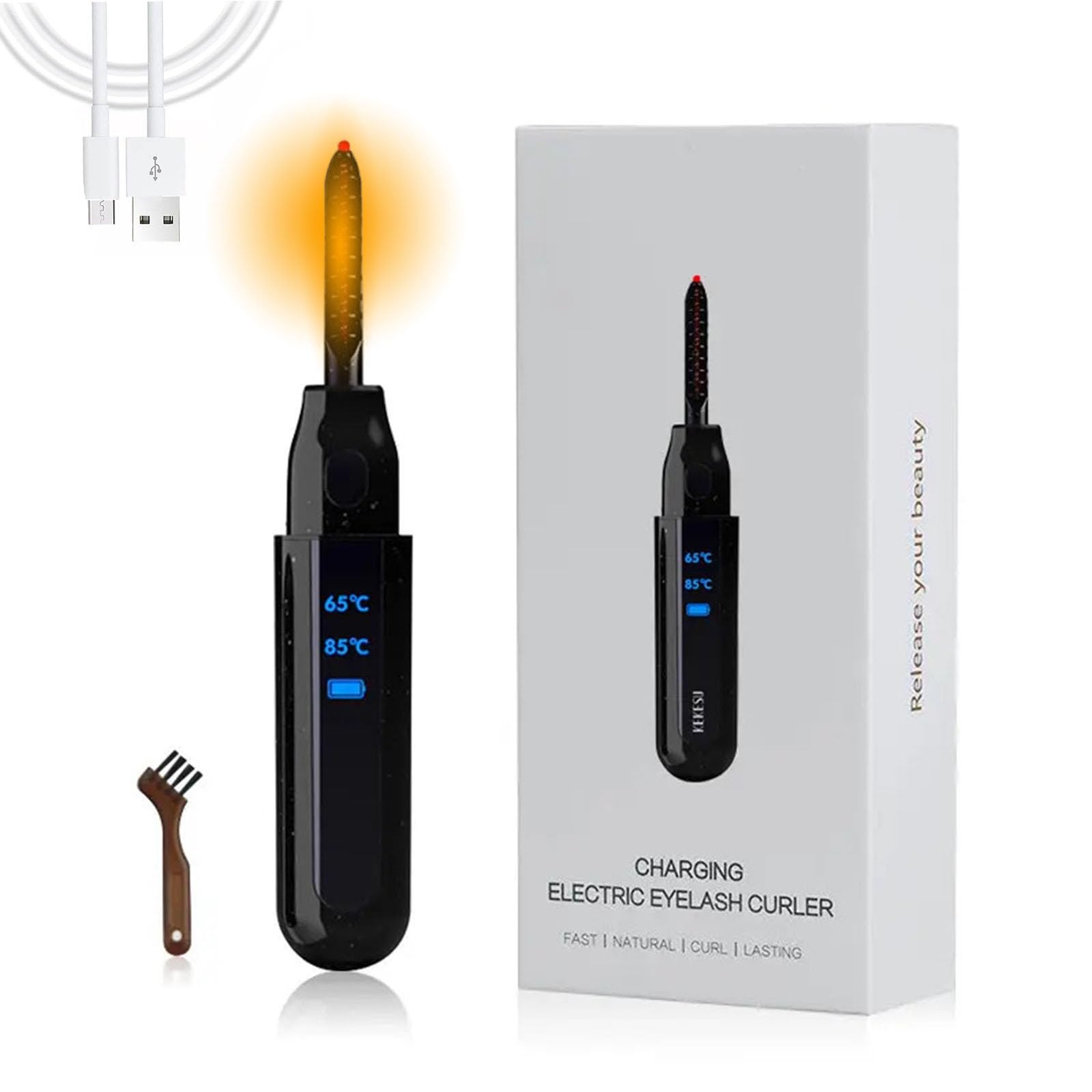Rizador de Pestañas Eléctrico,Rizador de Pestañas Calentado, Calentamiento Rápido, USB Recargable, Temperatura Ajustable en 2 Pasos, Rizado Natural de Larga Duración (negro)