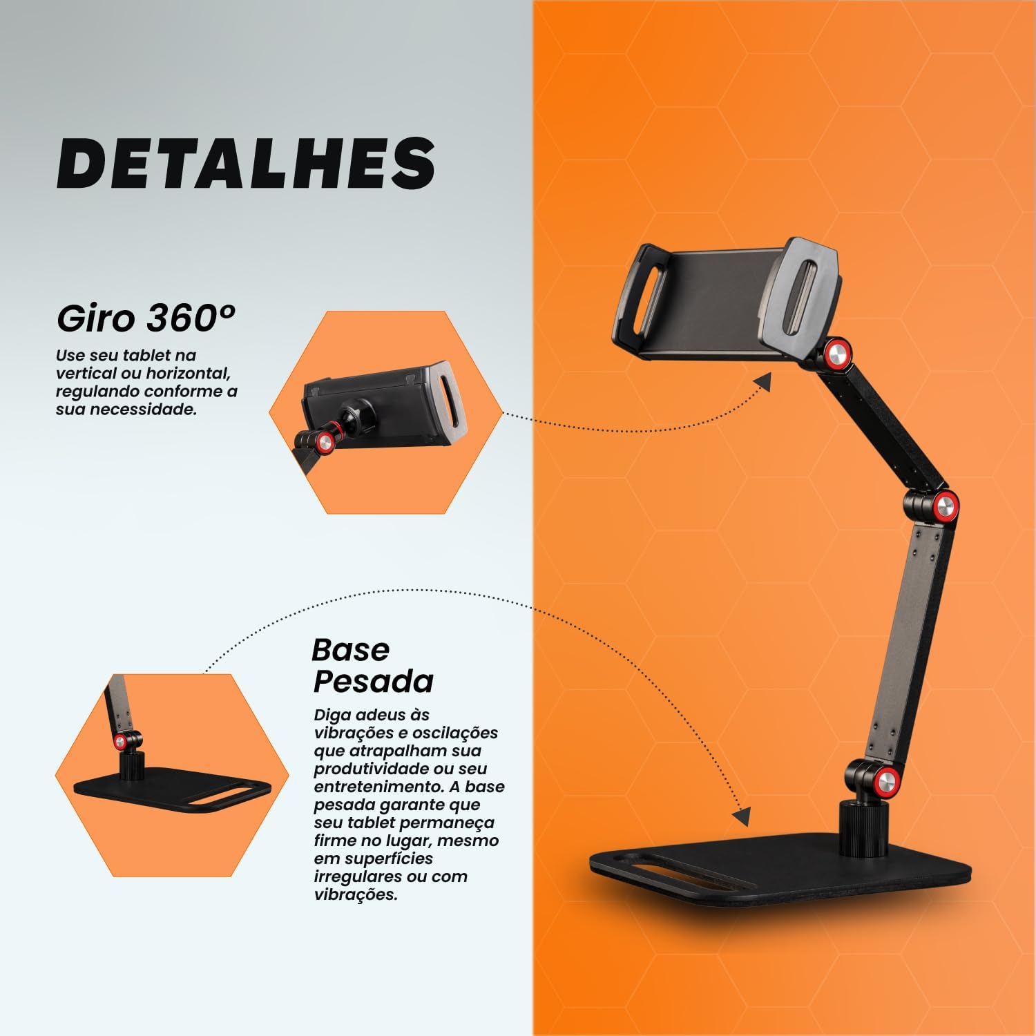 Suporte de Mesa para Tablet com Base Giratória 360° em Alumínio Resistente com Pedestal e Braço Articulável Ajustável Dobrável e Retrátil na Vertical Compatibilidade Universal com Tablets (Preto) 3