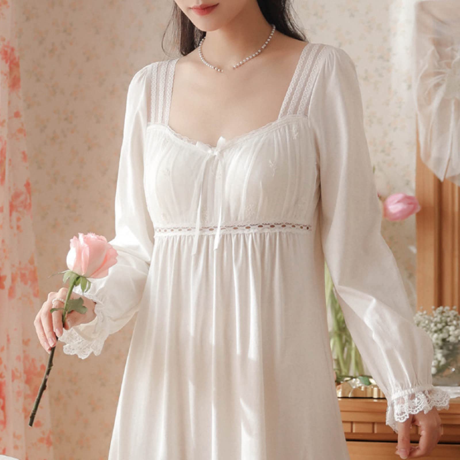 OFFSUM Camisón De Pijama De Mujer - Vestido Clásico De Algodón Primavera Verano Sexy Encaje Cuello Cuadrado Princesa Ropa De Dormir Vintage Elegante Lencería Camisón Ropa