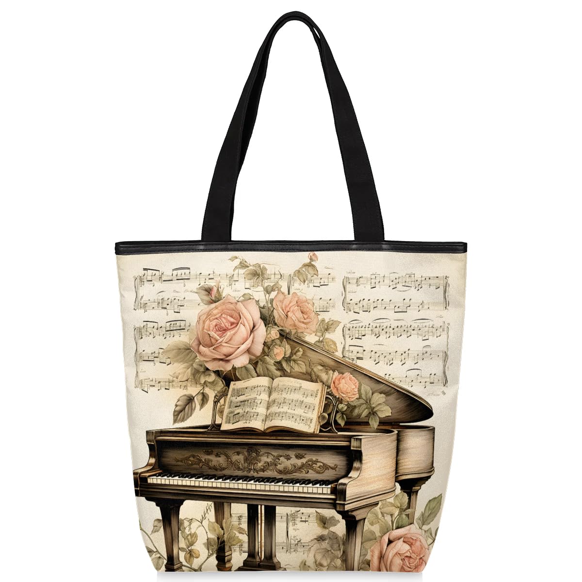Mularoka Piano Rose Vvintage Canvas Tote Bag with Zipper and Pockets Canvas Tote Shopping Bag Women Reusable Grocery Bag for Beach Travel Gym Shopping