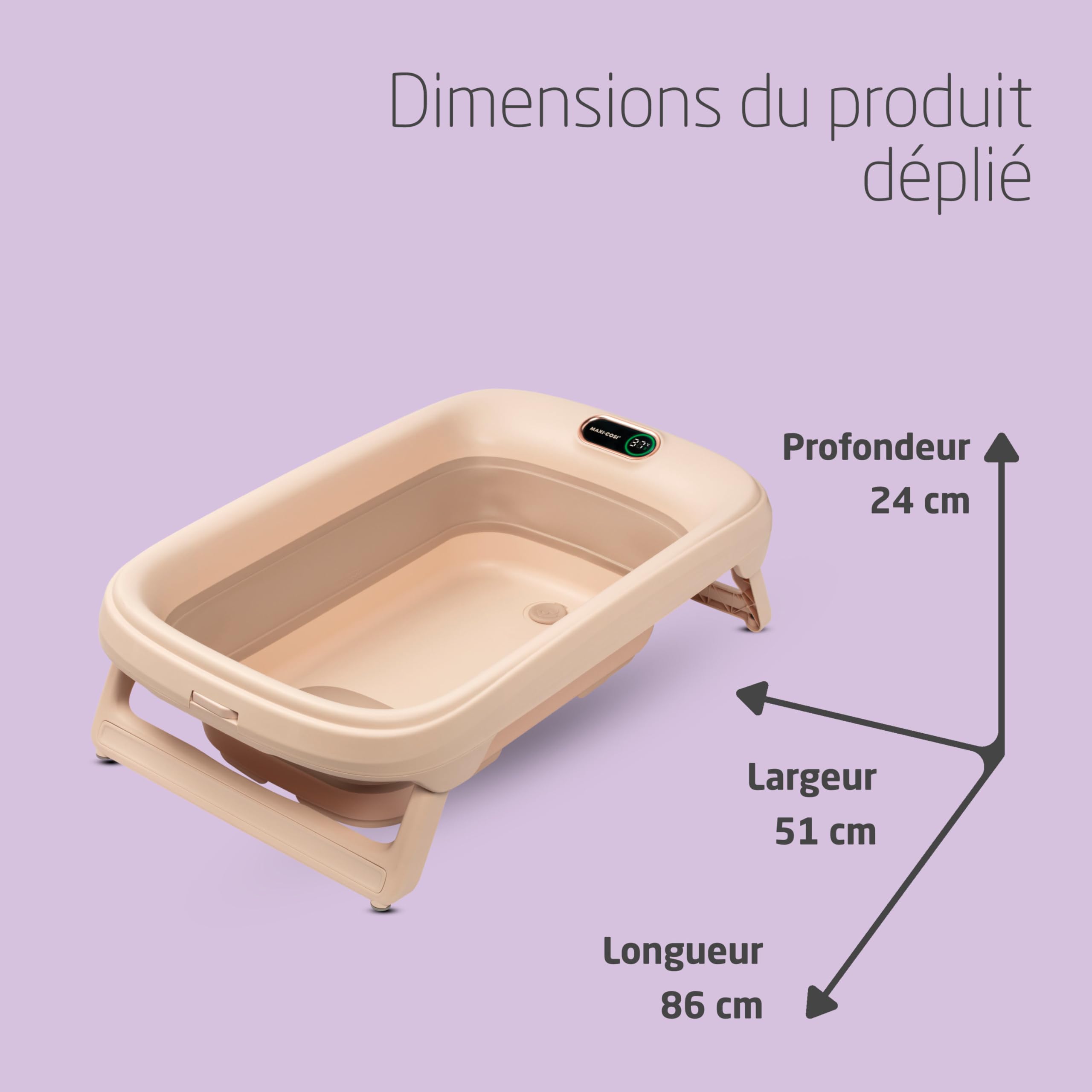 Maxi-Cosi Indigo Baignoire Pliable Bébé, 0-4 Ans, Baignoire Enfant Spacieuse, Thermomètre HighSense Intégré, Antidérapante, Crochet de Suspension Rétractable, Pliage à Plat, Muted Terra