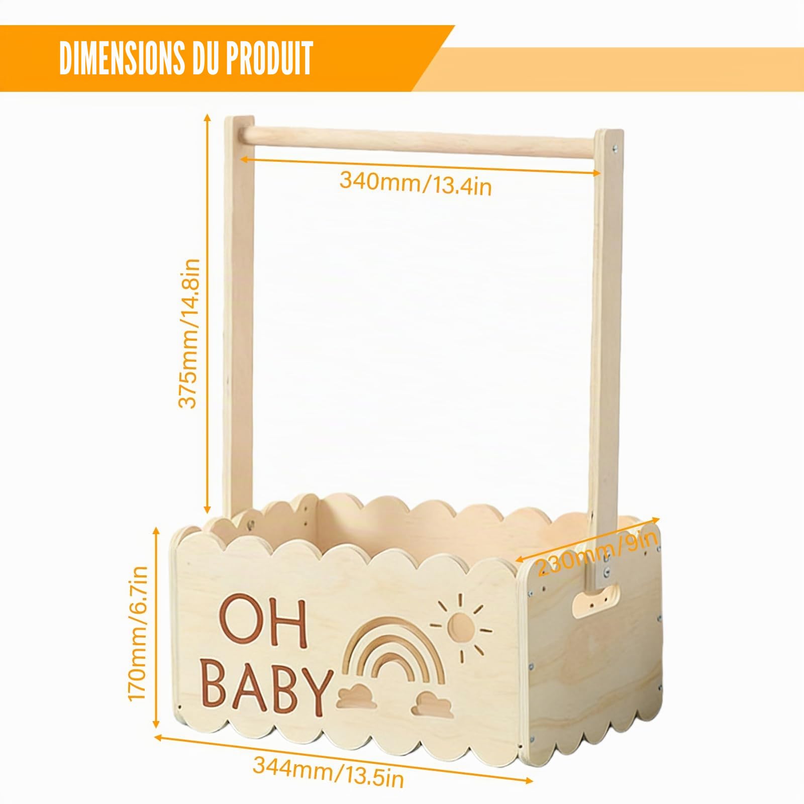 Cadeau de fête prénatale en bois avec poignée - Panier de rangement pour bébé - Panier cadeau en bois pour nouveau-né - Pour nouveau-né - Idéal pour les couches, les vêtements et les jouets (couleur