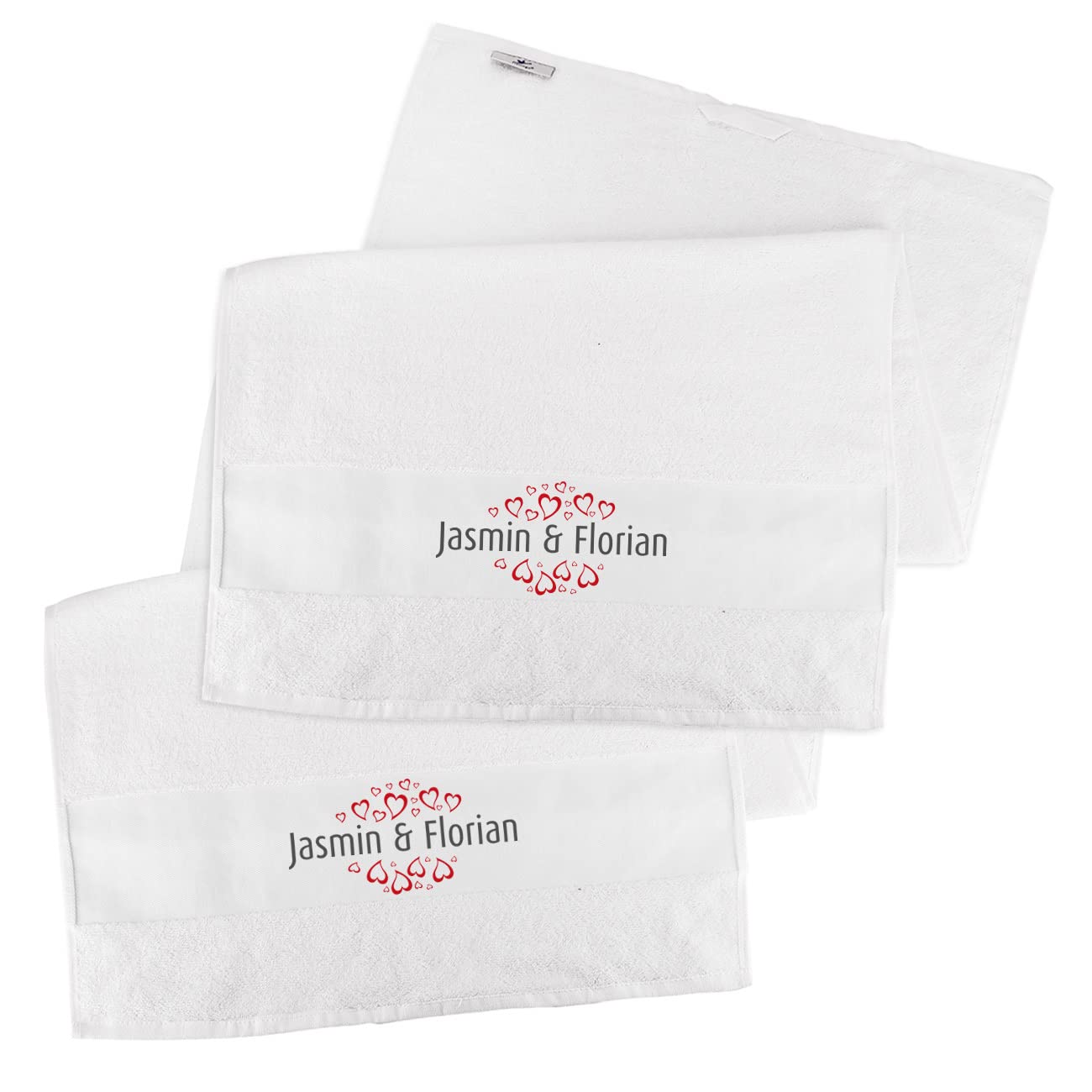 Herz & Heim® Handtuch-Set 2 Stück (Weiß, 50x100) für Paare mit Aufdruck des Namens/Hochzeitsgeschenk Herzen