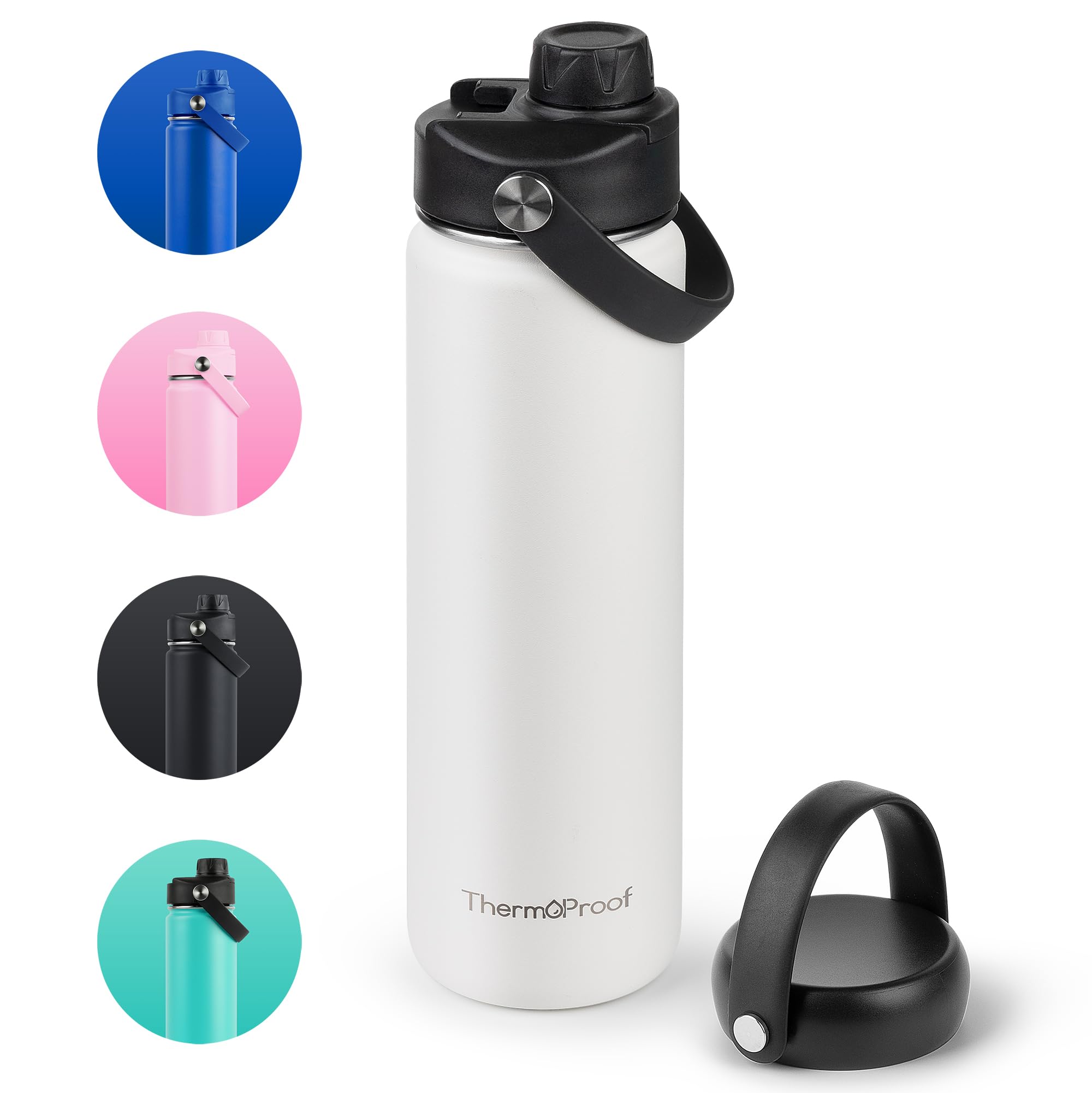 ThermoProof Double-Walled Vacuum Insulated Stainless Steel Water Bottle - Wide Mouth with Chug & Spout Lids, Dishwasher Safe, Reusable, Leakproof, Hot & Cold for Men, Women & Kids - 22oz, White