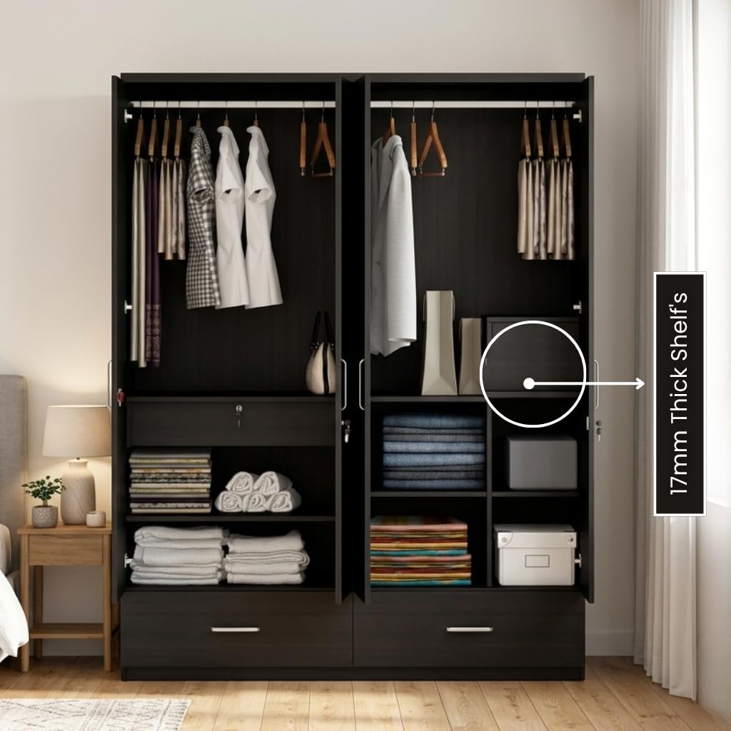 CASPIAN Engineered Wood 4 Door Wardrobe (Coffee Black) | Furniture with 2 Hanging Spaces | Cupboard/Almirah for Bedroom Clothes Storage Organizer | with Locker, 3 Drawers & 6 Shelves-image-32