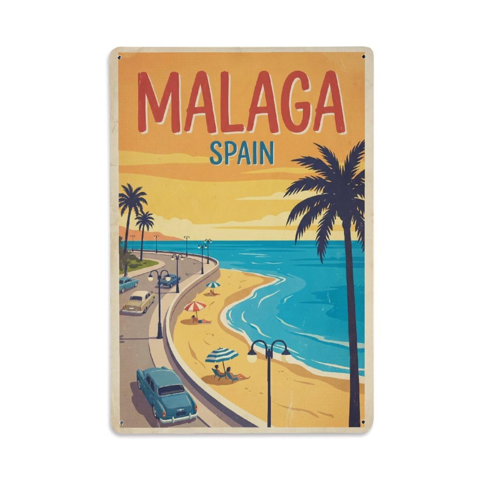 Vintage Spain Malaga Travel Metal Tin Sign