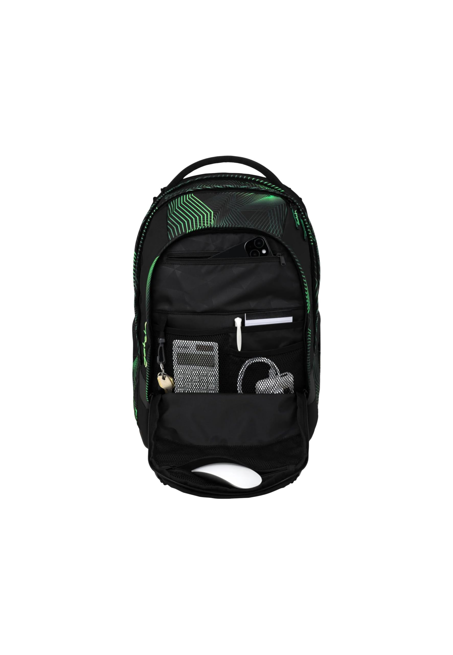 Satch match plus Schulrucksack, erweiterbar auf 35 Liter, ergonomisch, mit Fronttasche Seismic Green - Schwarz