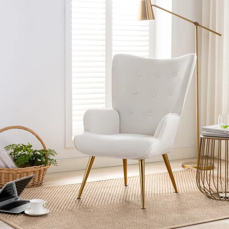 Image of Velvet Wingback Accent Chair for Living Room | Luxury High Back Tufted Armchair with Glossy Metal Legs | Modern Velvet Upholstered Lounge Chair for Home & Office | 1 Pc (White)