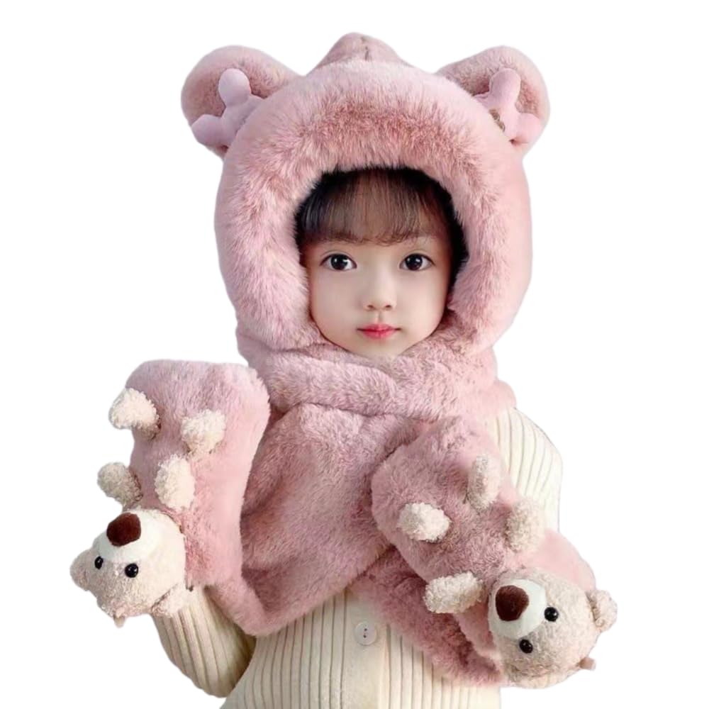 ISABELLA MOON Kids Cartoon 3 in 1 Hat Scarf Gloves Set Winter Warm Fleece Stch Faux Fur Hoodie Full Hood Thick Thermal Scarves Gifts for Boys and Girls Kids (Pink Bear)