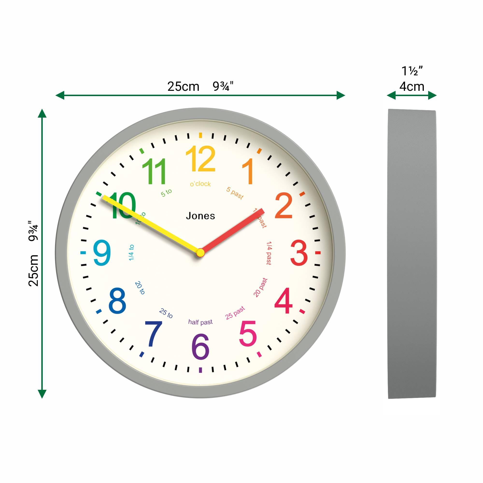 JONES CLOCKS® Kids Reloj de Pared | Pequeño Reloj Moderno para la guardería Infantil | 25cm | Grey | Dial Colorido para Aprender a medir la Hora
