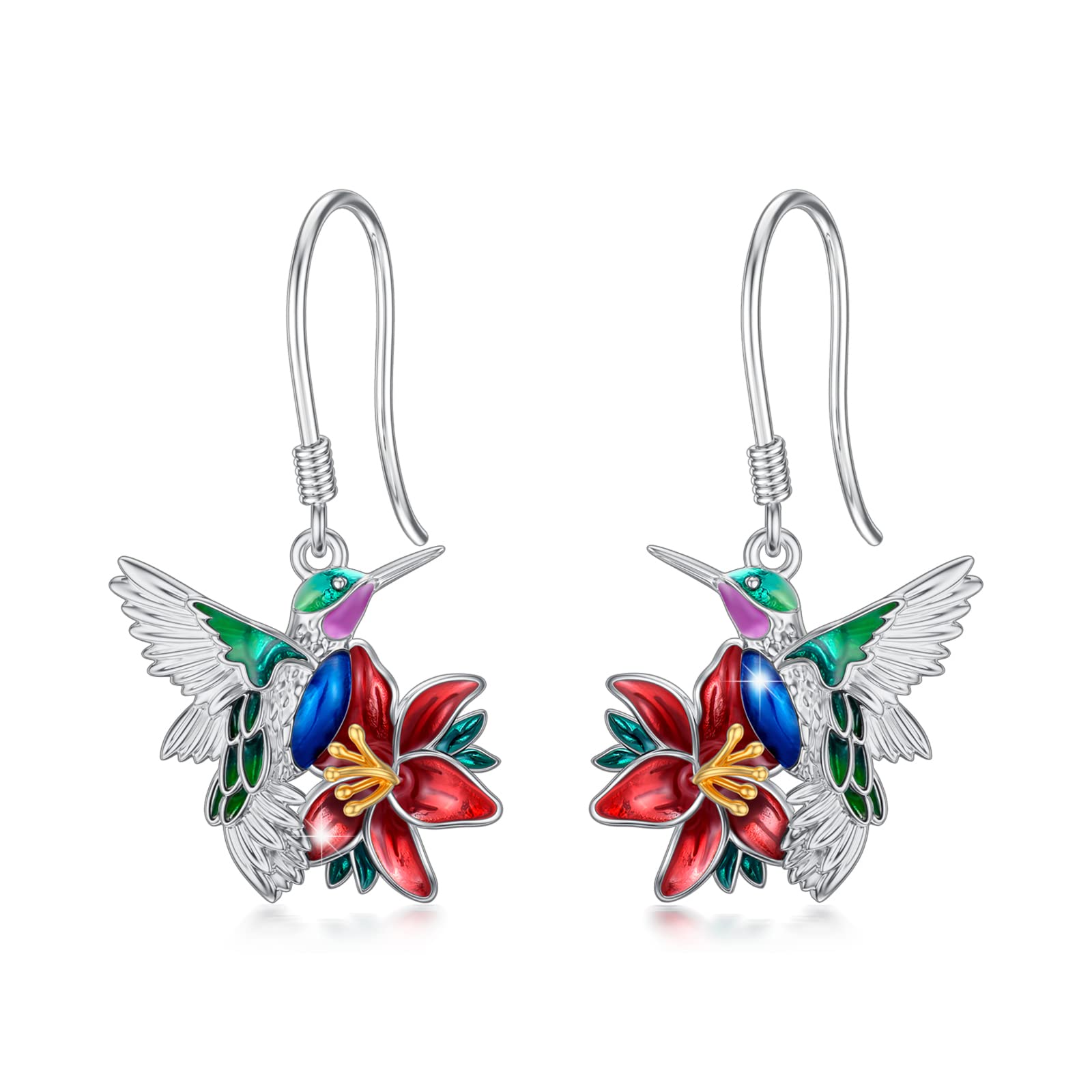 PEIMKO Hummingbird Dangle Earrings Sterling Silver Cute Animal Hummingbird Drop Earrings with Flower Bird Earrings for Women