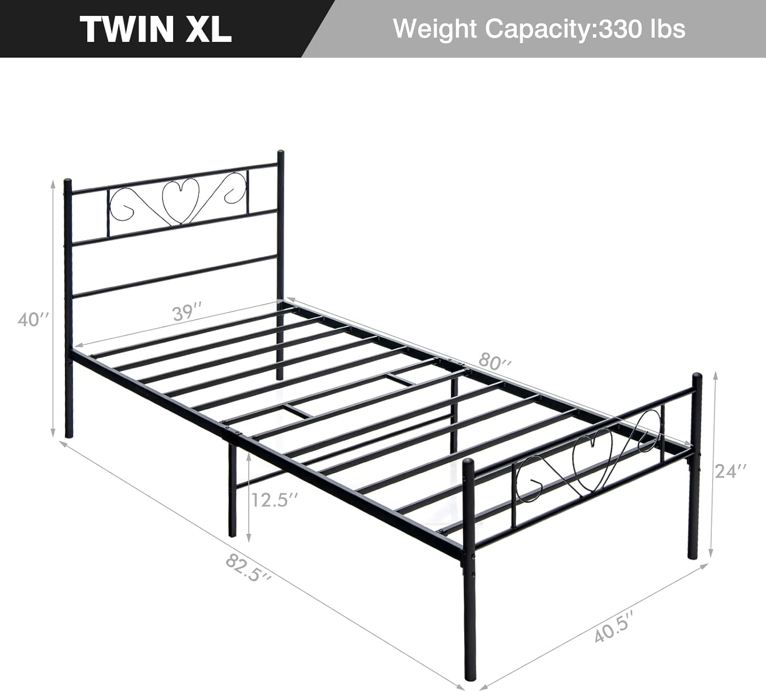 Giantex Twin XL Bed Frame, Metal Platform Bed with Heart-Shaped Headboard & Footboard, Mattress Foundation, Heavy-Duty Steel Slat Support, No Box Spring Needed, Easy Assembly, Black