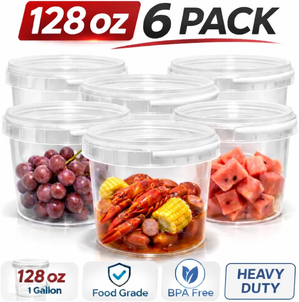 4U'LIFE 128 oz【6-Pack】 Heavy Duty Clear Microwavable Tamper-Evident Containers, Multi-purpose Event Buckets, Ice Cream Tubs With Lids And Handle,