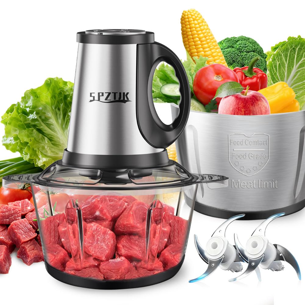 3-Speed Electric Food Processor: Meat Grinder, Vegetable Chopper & Baby Food Maker - 300W, 2 Bowls (8 Cup Stainless Steel+8 Cup Glass), Quiet Operation