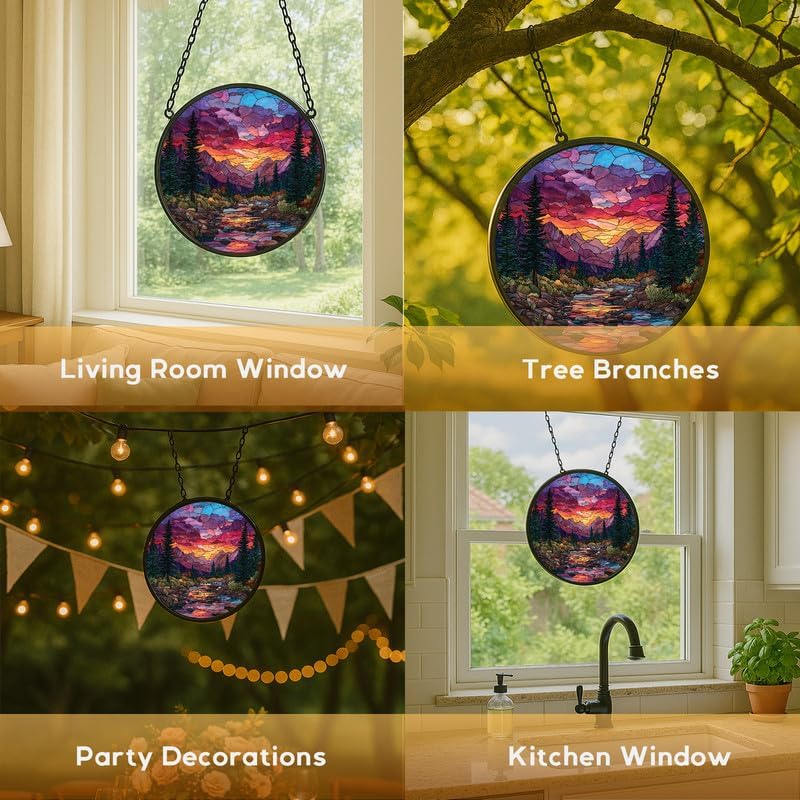 Stained Glass Window Hanging， Mountain Sunset Landscape 11.8in Sun Catchers Indoor Window， Core Decor Inside and Outside The Cottage， Nature Art Glass Decoration Gifts for Women