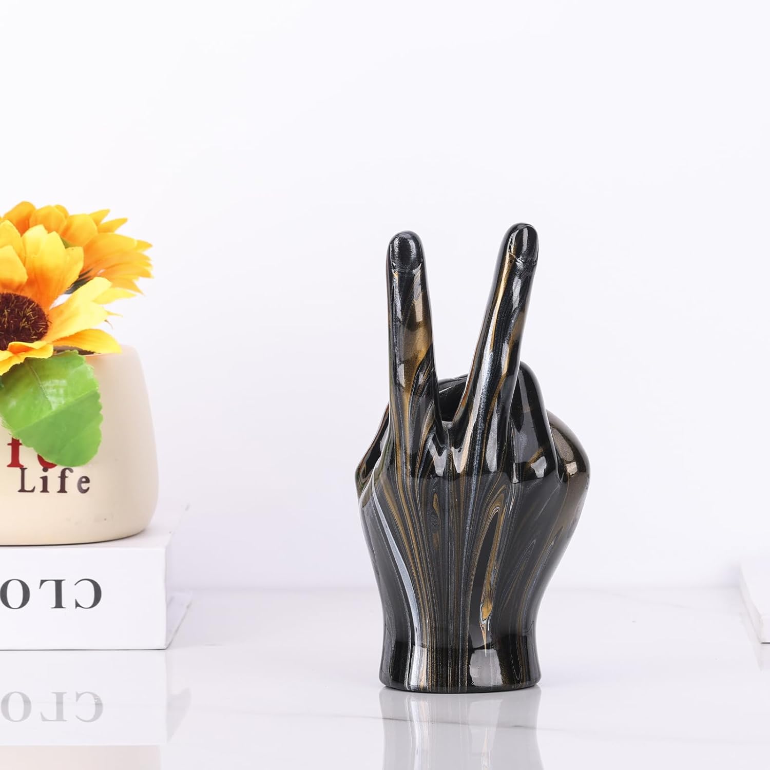 LCCCK Black and Gold Peace Sign Decor Hand Sculpture, Creative Peace Symbol Statue Desk Decor, Black Gold Home Decor Centerpieces - for Office Living Room Bedroom Entrance Tv Cabinet Decoration - Image 4