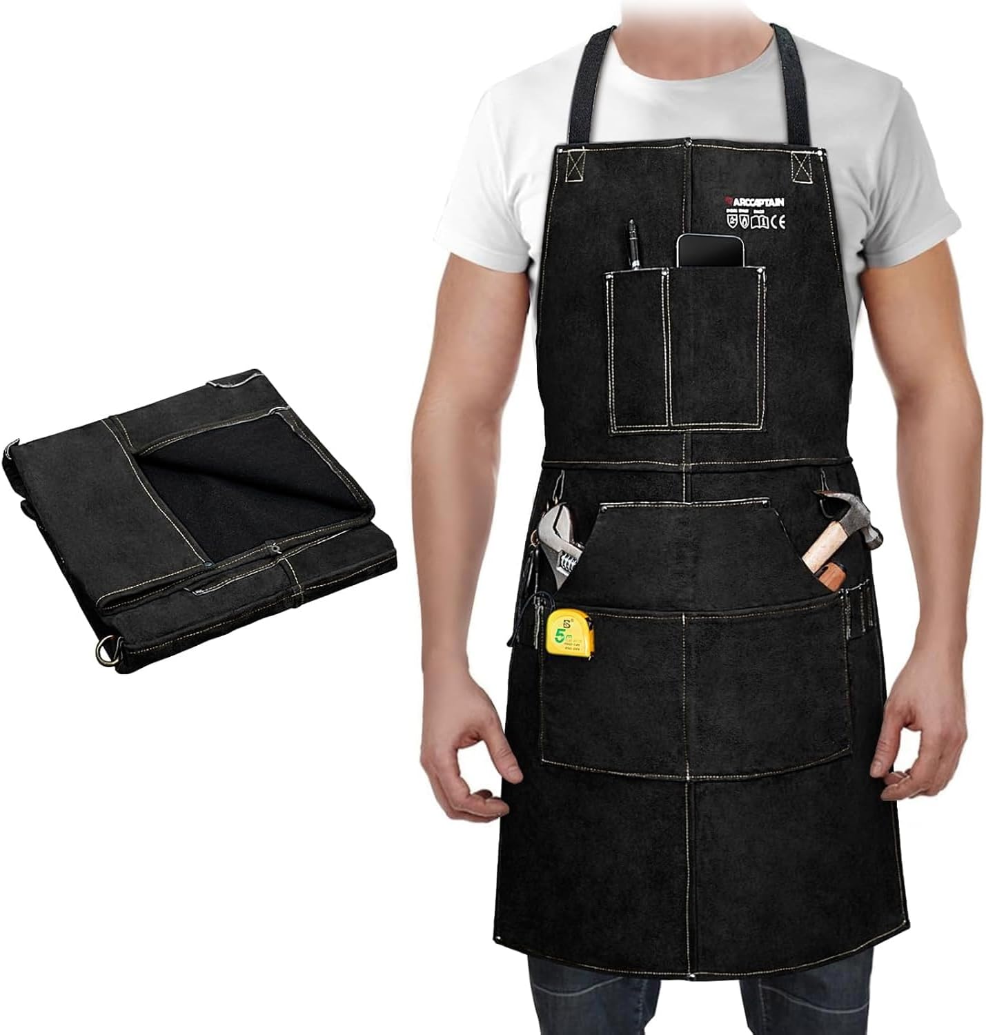 ARCCAPTAIN Leather Welding Work Apron 24" X 36" Heat Flame Resistant Cowhide Blacksmith Aprons with 6 Tool Pockets for Welders Men Women, Adjustable M to XXXL-Black