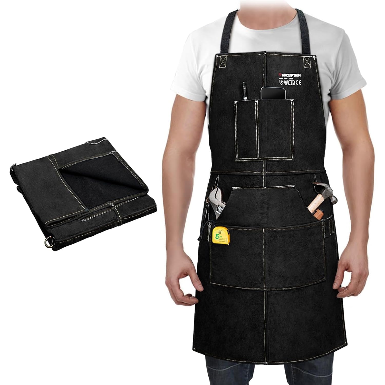 ARCCAPTAIN Leather Welding Work Apron 24" X 36" Heat Flame Resistant Cowhide Blacksmith Aprons with 6 Tool Pockets for Welders Men Women, Adjustable M