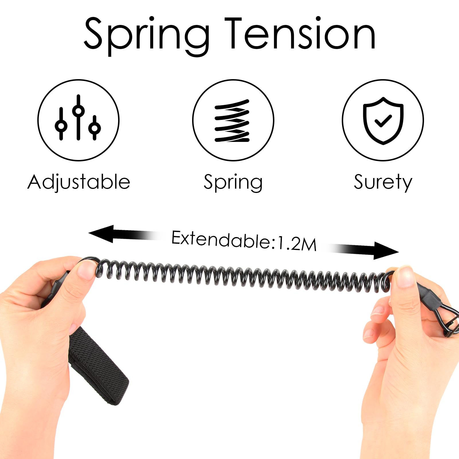 Porte-clés Spirale Extensible 120 Cm – Mousqueton Tactique, Paracord Résistant, Noir, Pour Pêche Randonnée