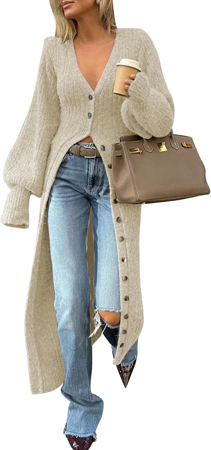LETSVDO Long Cardigan for Women Lantern Sleeve Cable Knit Sweater Maxi Dress Chunky Button Up Duster Cardigans Outwear