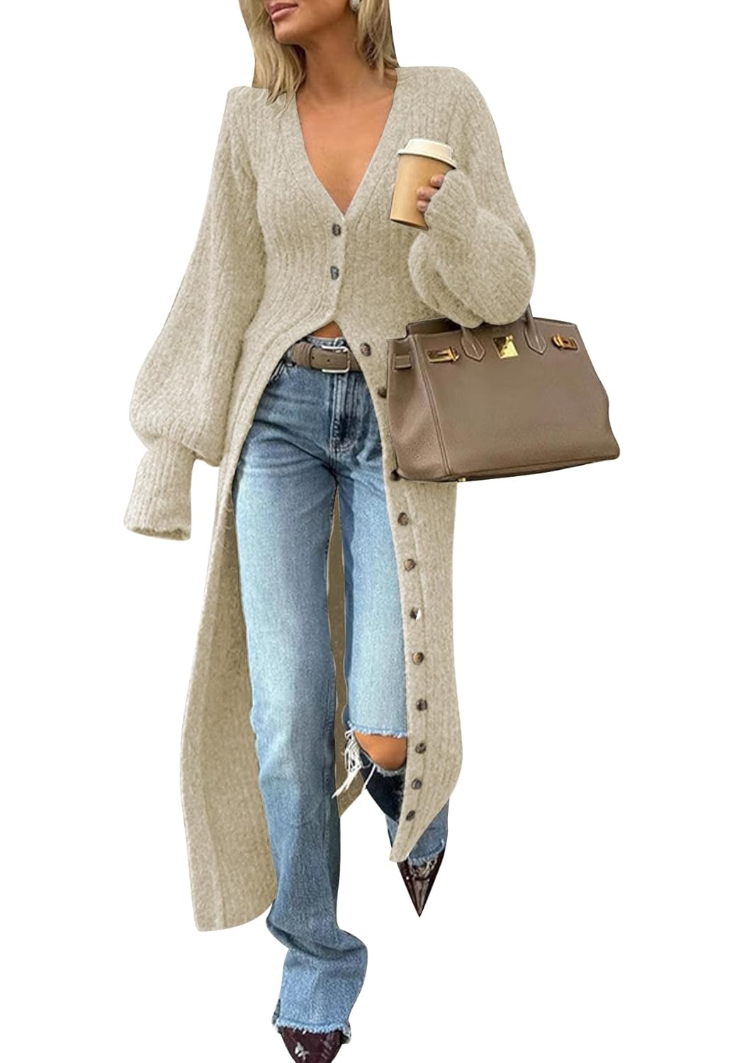 LETSVDO Long Cardigan for Women Lantern Sleeve Cable Knit Sweater Maxi Dress Chunky Button Up Duster Cardigans Outwear