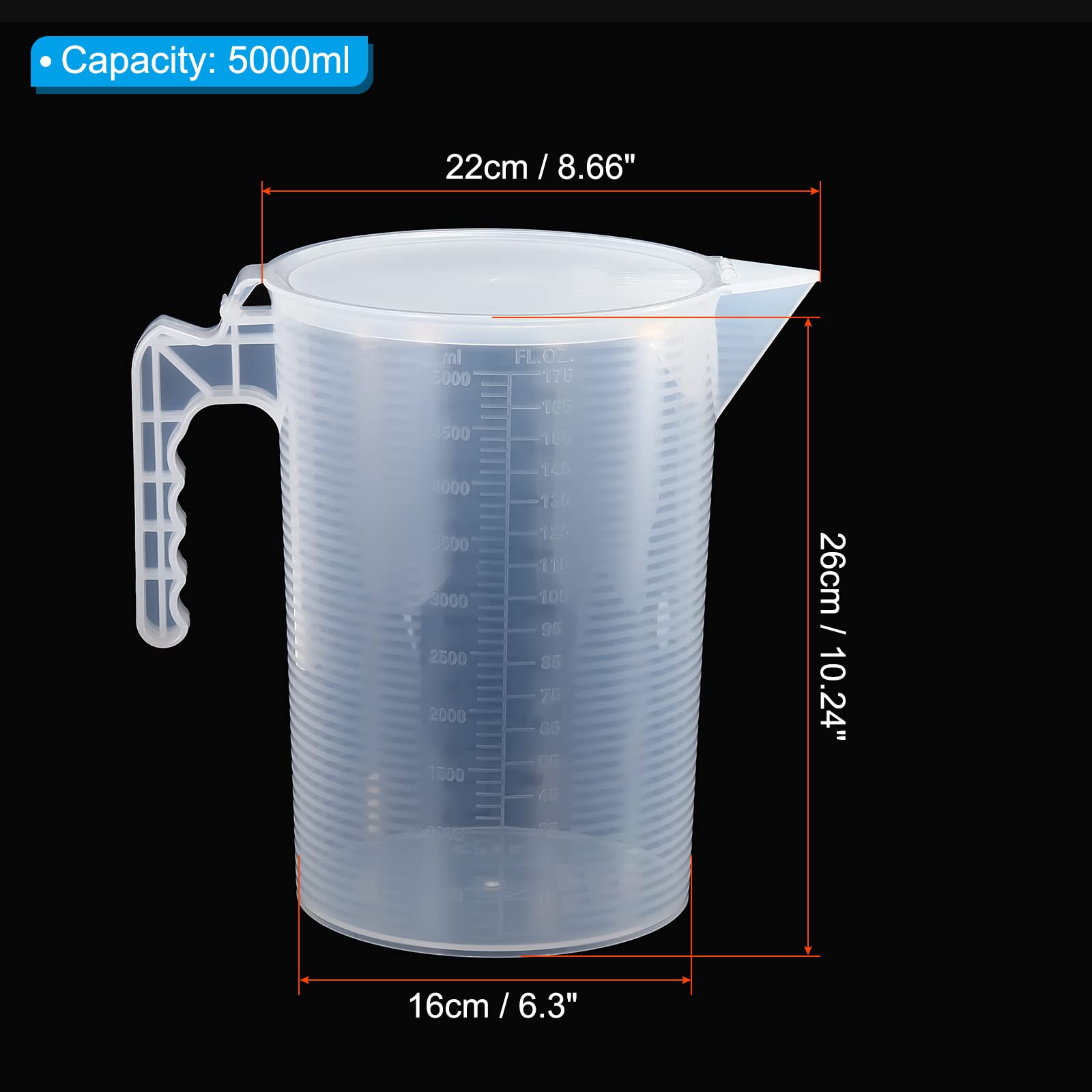 PATIKIL Vaso graduado, taza medidora de líquido de plástico PP de 5000 ml, graduaciones negras con tapa de mango y boquilla para laboratorio, cocina, hogar