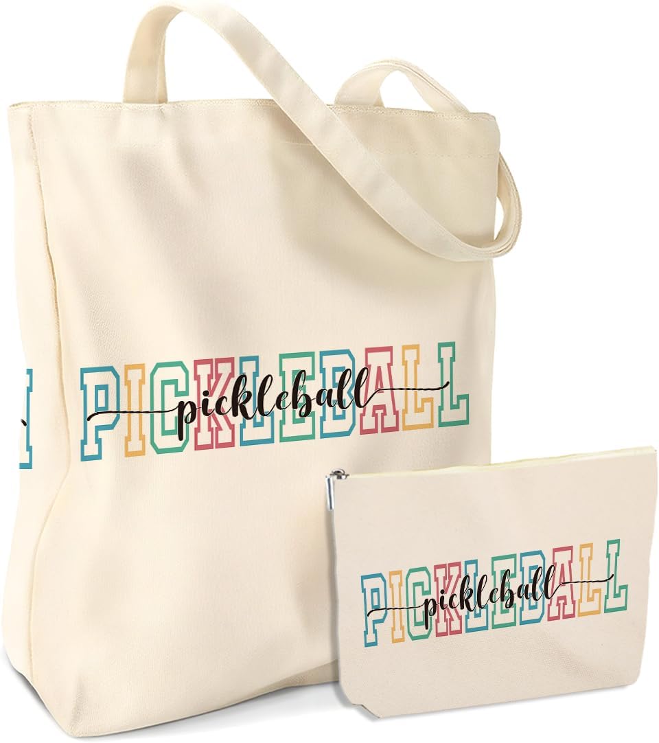 Pickleball Gifts 2PCS Cosmetic Bags Canvas Tote Bag Beach Bag with Pocket Makeup Bags,Pickleball Accessories,Pickle Ball Gifts for Women Sports Lover Friend Bestie Christmas Birthday Friendship