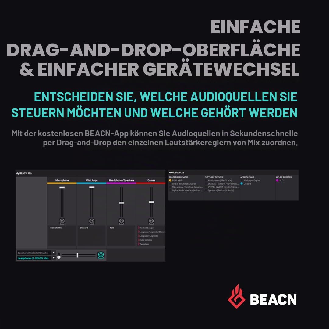 BEACN Mix USB C Audio Controller | Windows Audio Mixer for PC Gaming or Work | 4-Channel Audio Control with 5" Full-Color Display & Precision Knobs | Drag-and-Drop Customization (Dark)