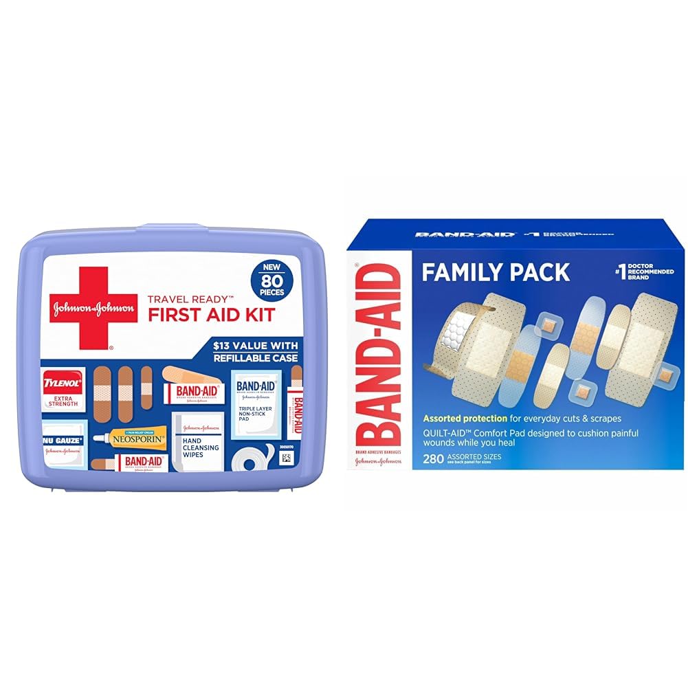 Band-Aid Travel Ready Portable Emergency First Aid Kit for Minor Wound Care & Brand Adhesive Bandage Family Variety Pack, Sheer & Clear Flexible Sterile Bandages