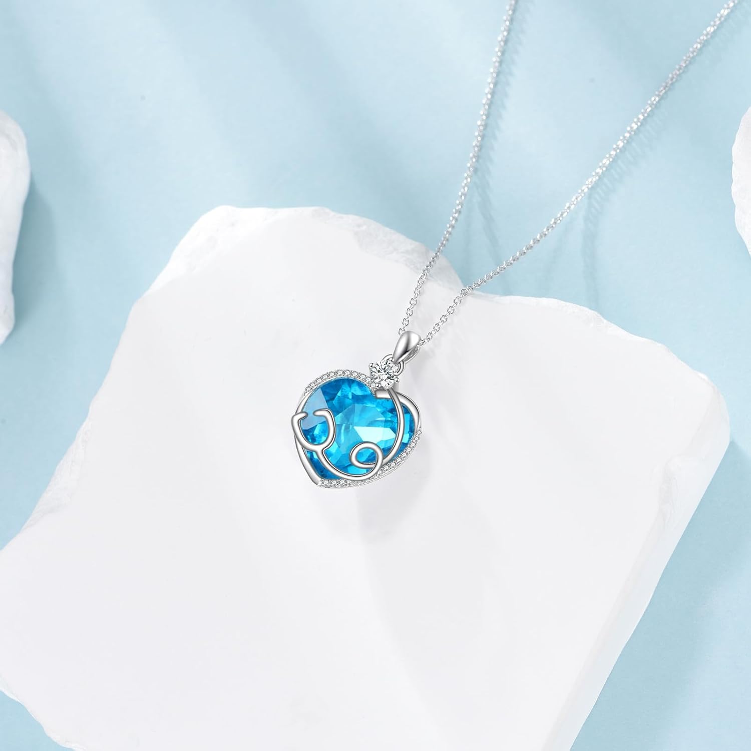 CRMAD Nurse Necklace Sterling Silver Stethoscope Pendant Heart Crystal Jewelry Graduation Birthday Christmas Gifts for Women Doctor Nurse Medical Student - Image 2