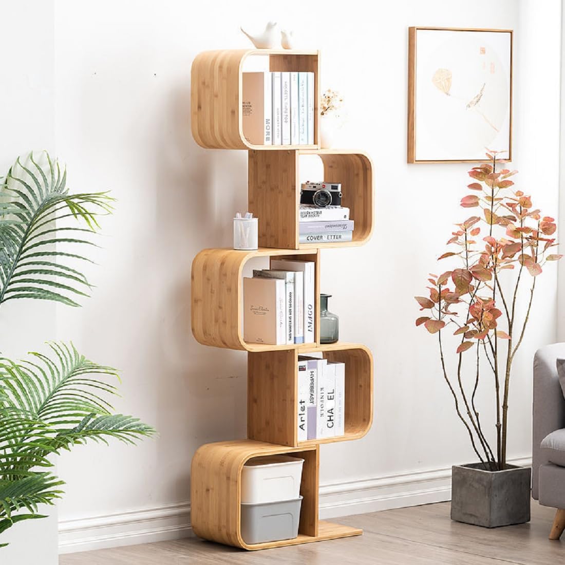 TrueyEssence Creative S-Shaped Bookshelf, 5 Tier Modern Bookcase Floor Standing Display Organizer for Living Room Study Office