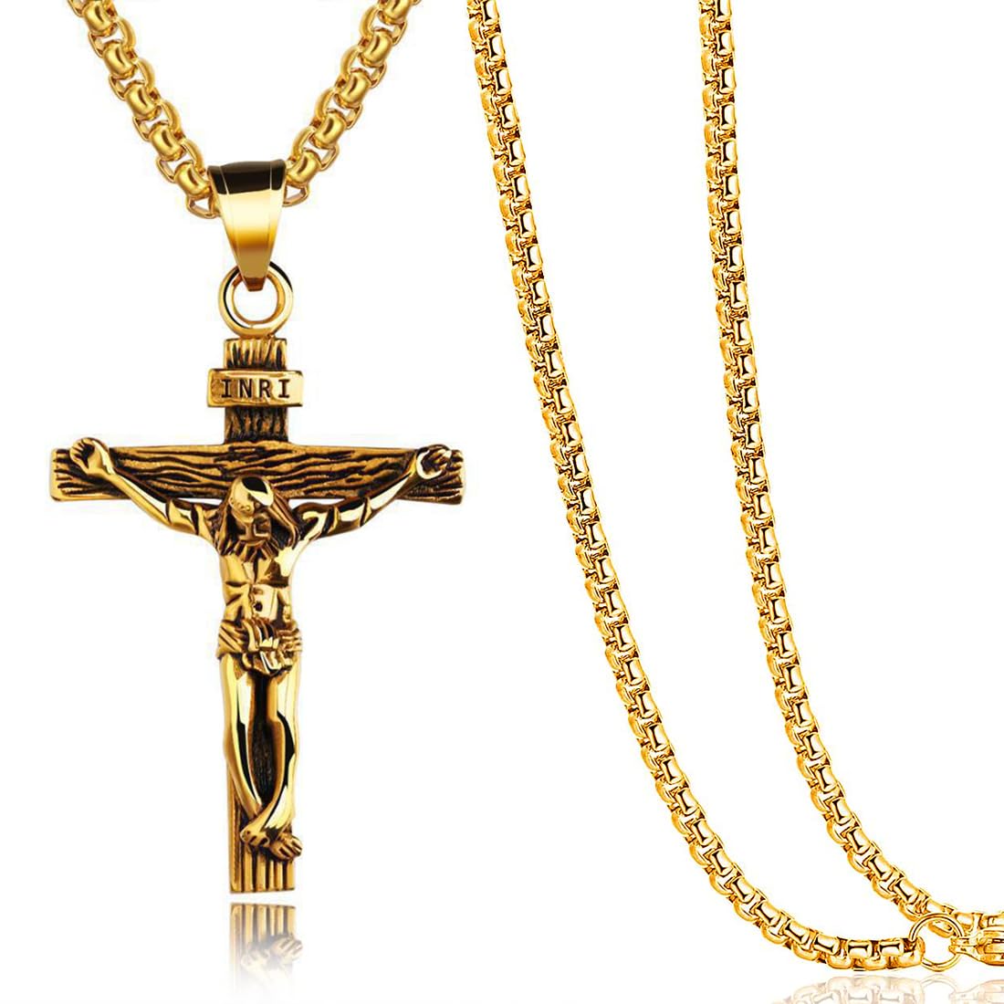 KSJEHW KSJEHW Cruz Collar Hombres Acero Inoxidable Jesús Crucifijo Colgante Collar con Cadena Veneciana 61CM（Oro）