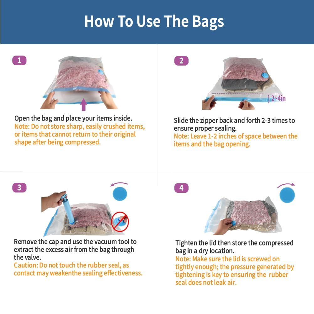 7 Pack Small Space Saver Vacuum Storage Bags for Clothing Travel, Vacuum Seal Compression Bags for Clothes, Packing, Luggage, Blankets, Comforters and Pillows, Hand Pump Included - Image 6