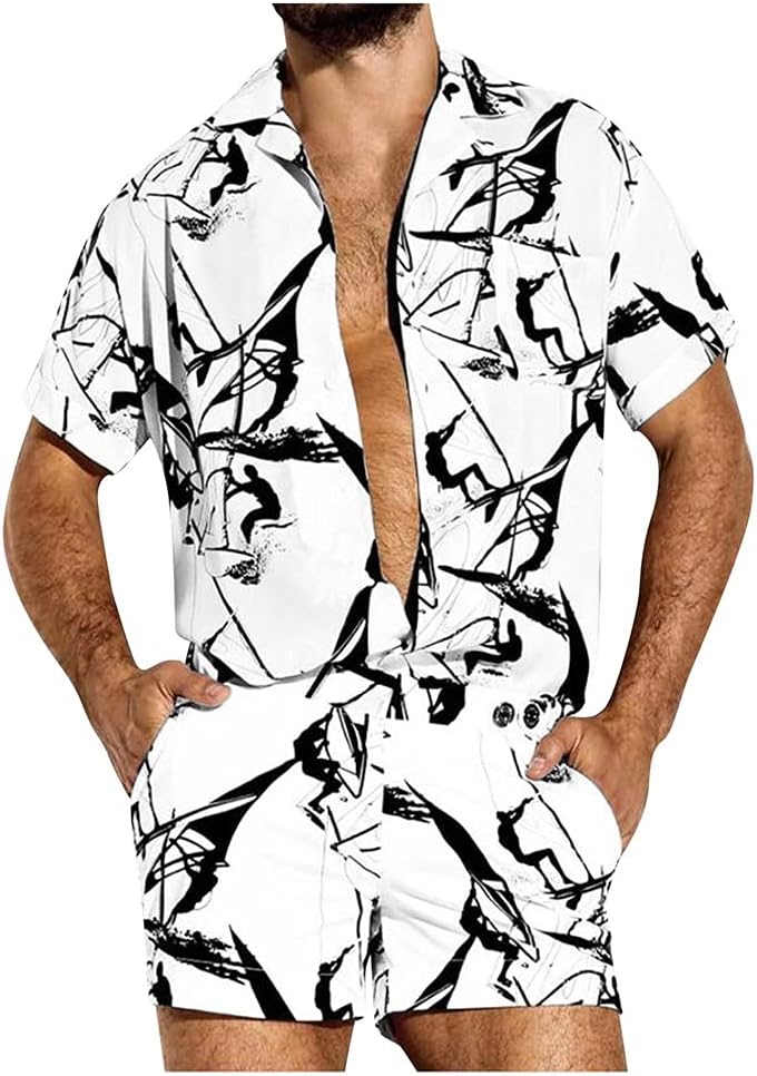 Fashion Hawaiian Printing Short Sleeve Shirt Set Men's Ink Printing Shorts Men's Daily Beach Shirt Set Two-piece