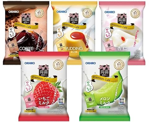 【セット販売】ORIHIRO オリヒロ ぷるんと蒟蒻ゼリー プレミアムカフェ いちごミルクメロンミルク コーヒー 杏仁 プリン 5種(20g×10個入×5袋) アソート 贅沢シリーズ サンキューシール(JOYBストアオリジナル)