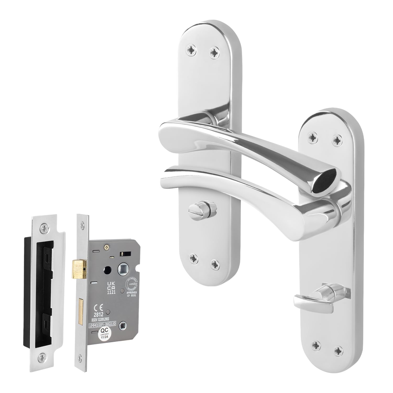 EAI Chrome Bathroom Door Handle Set, 1 Pair of Polished Chrome Internal T-Bar Handles on Backplate, Lock 64mm - Novoli