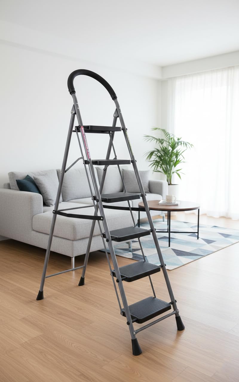 FLIPZON Halo Foldable 6 Step Ladder for Home and Office Use | Alloy Steel | Wide Steps | Wobble-Free | Skid-Free Steps | Durable Safety Ladder | Rust Free | Anti-Skid (Grey & Black)