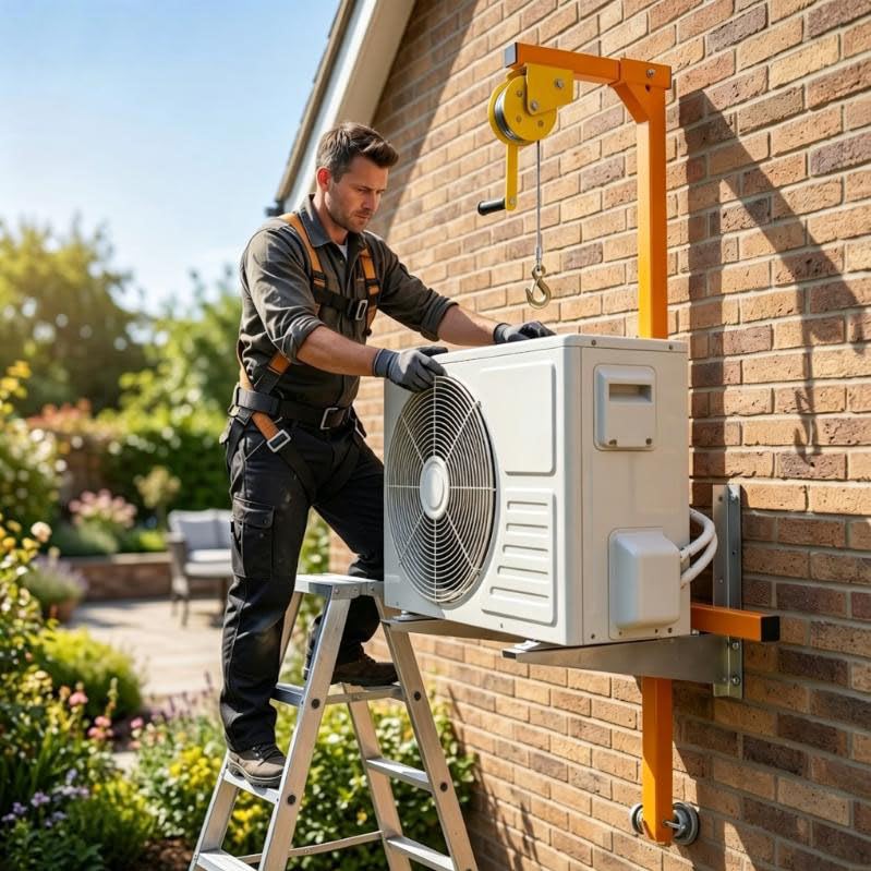 Air Conditioner Lift 1200 lbs Ladder Crane Lift with 60ft Wire Rope Heavy Duty HVAC Hoist for Wall-Mounted Outdoor Unit Installation & Heavy Object Hoisting