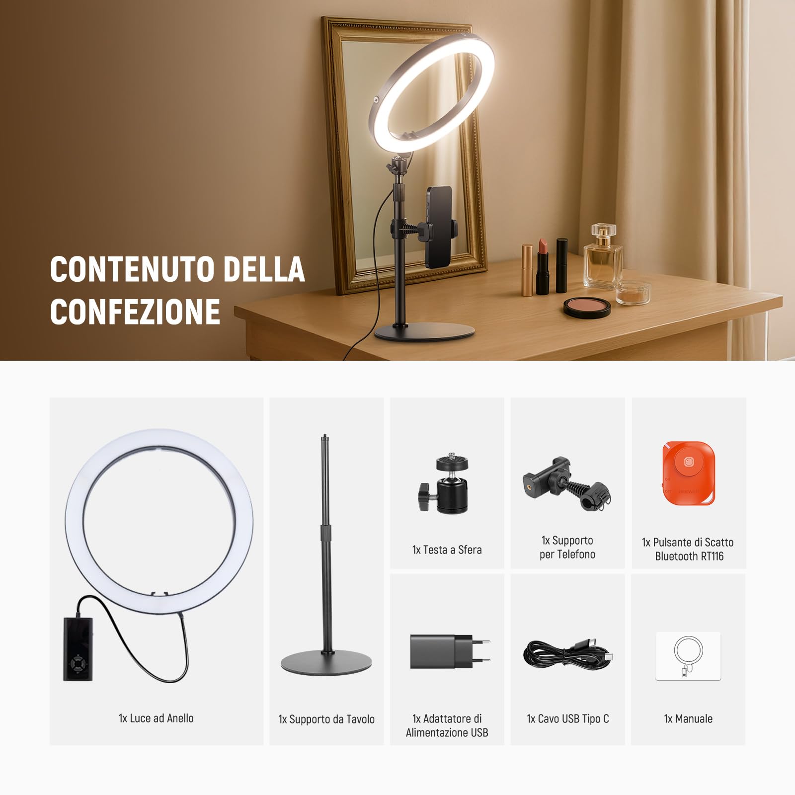 NEEWER 12" Ring Light da Tavolo ad Alta Potenza 24W con Supporto/Portatelefono, Luce Selfie Videoconferenze a LED per iPhone Streaming Trucco Vlog Video Laptop Computer Webcam Zoom Call Podcast, RH12B