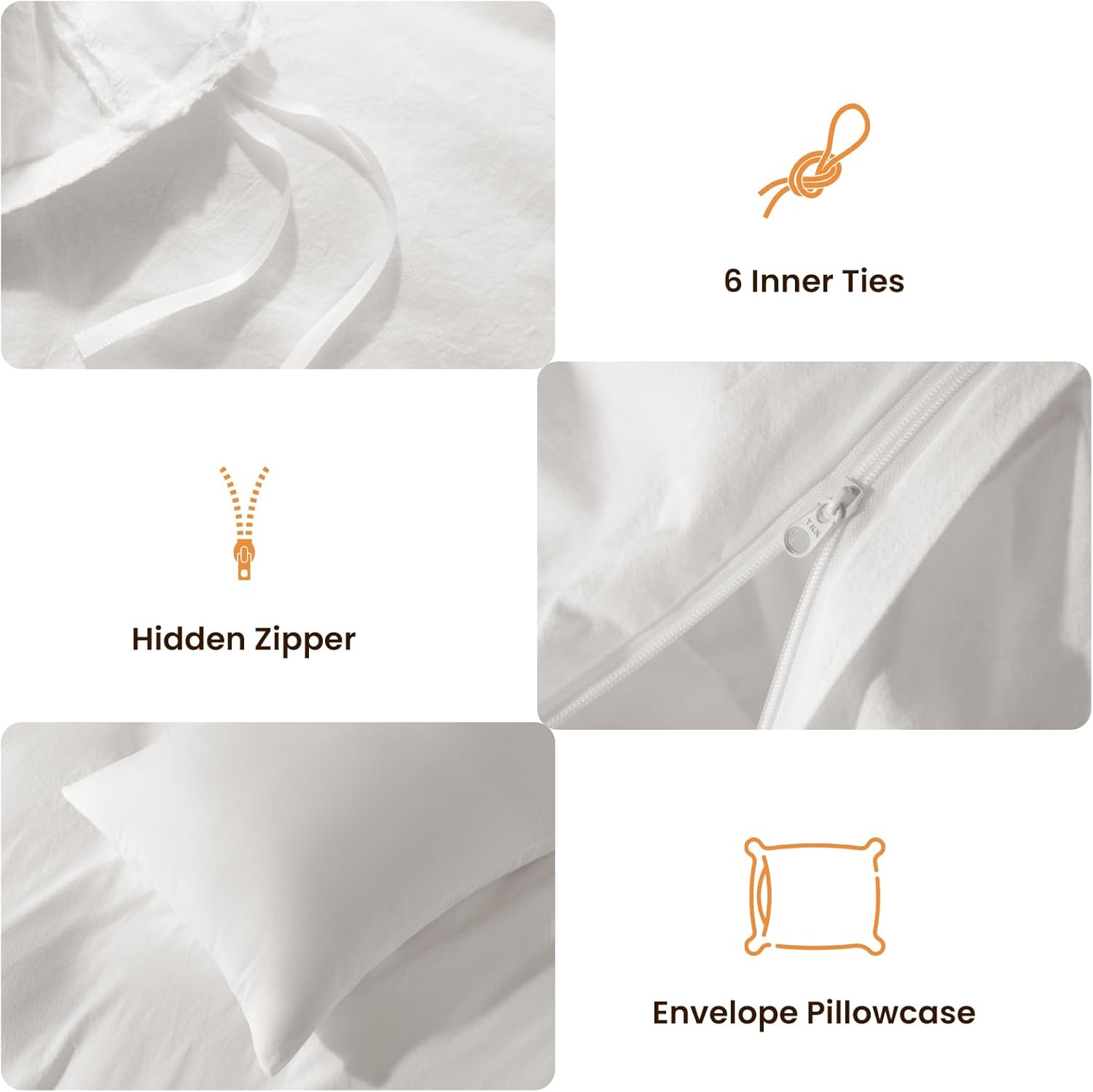 LBRO2M 100% Washed Cotton Duvet Cover Set 3 Pieces Cotton Duvet Cover Set 2 Pillowcase 1 Soft Duvet Cover with Zipper (Ivory, King)