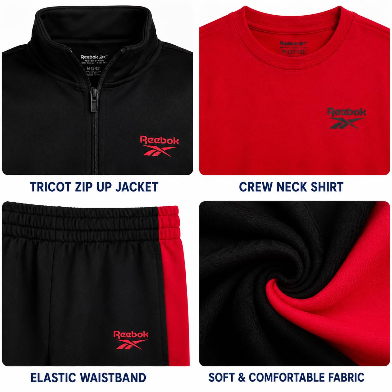 Reebok Set da jogging per ragazzi, 3 pezzi, tuta sportiva con giacca, maglietta e pantaloni della tuta da jogging per ragazzi