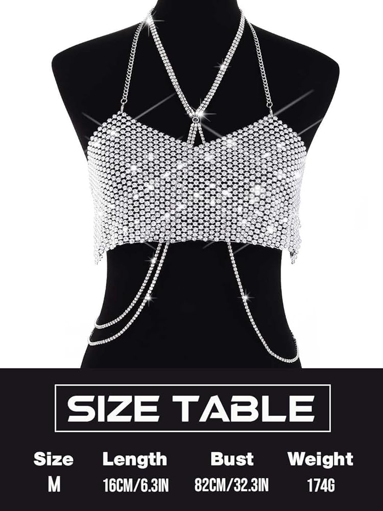 BODIY Women Sparkly Rhinestone Halter Crop Top Silver Body