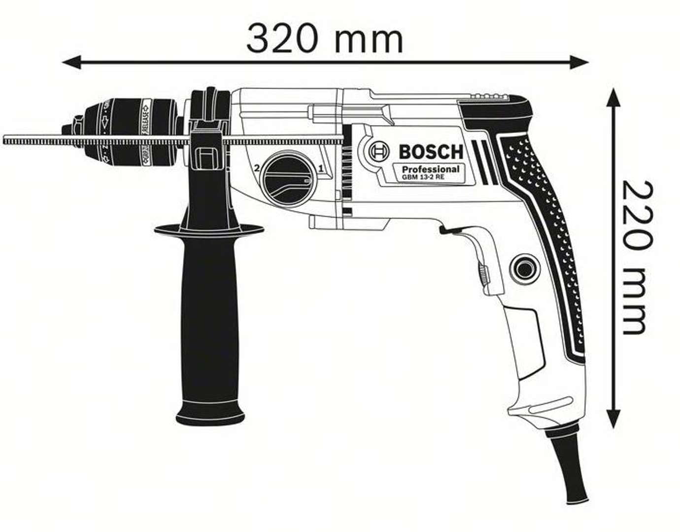 Bosch Professional: wiertarka GBM 13-2 RE (750 W, szybkozaciskowy uchwyt wiertarski 13 mm, rękojeść dodatkowa, ogranicznik głębokości 210 mm)