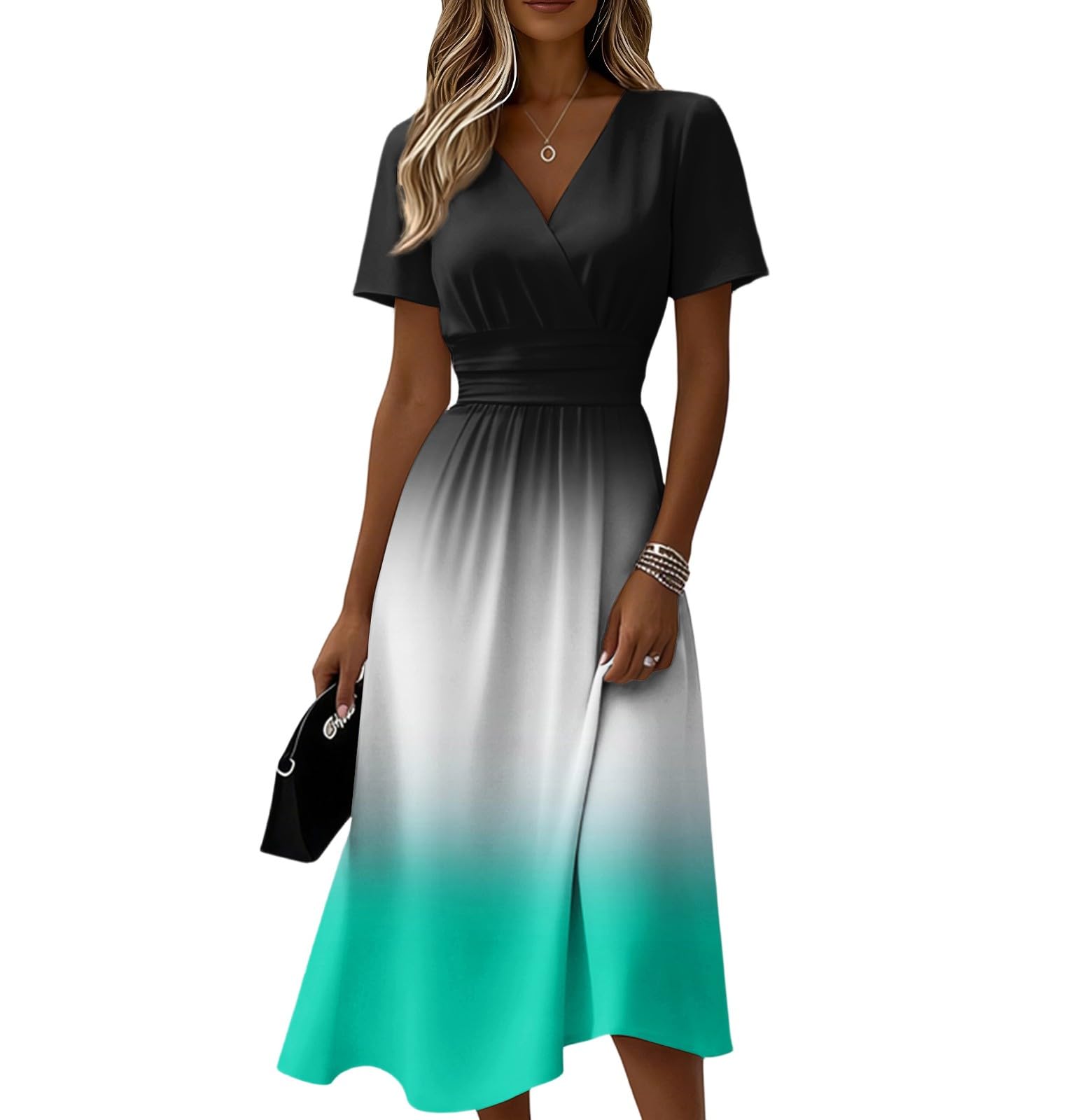 Generico Robe d'été à manches courtes – Robe mi-longue pour femme, taille haute, trapèze, col en V, couleurs mixtes avec plis, robe légère décontractée pour vacances à la mer
